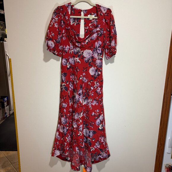 Anthropologie Maeve Red Floral Puff Sleeve Midi Dress - Picture 5 of 16